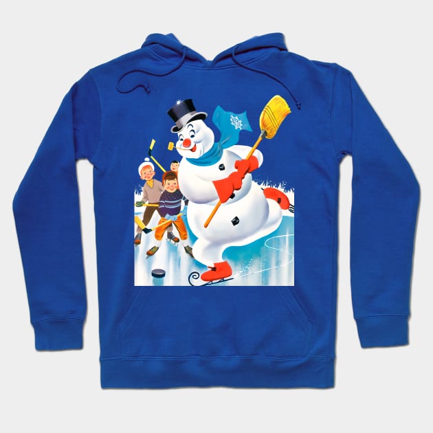 snowman playing ice hockey with a broom next to children on winter holidays retro vintage comic cartoons Hoodie by REVISTANGO